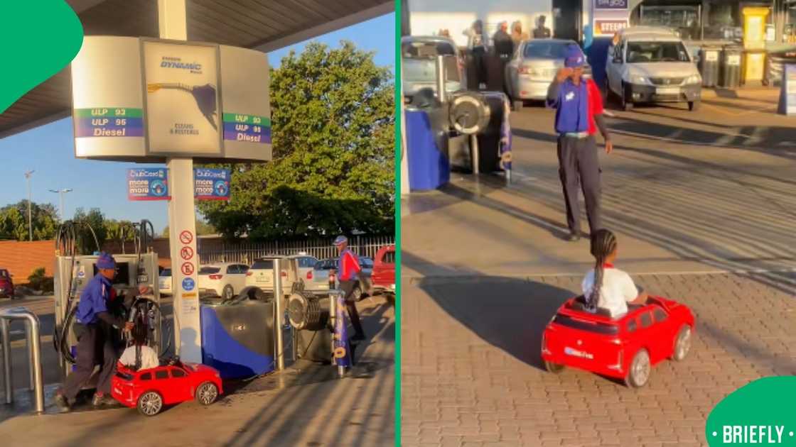 The visual on the left showed the petrol attendant fake pouring petrol on her mini car The visual on the left showed the petrol attendant fake pouring petrol on her mini car