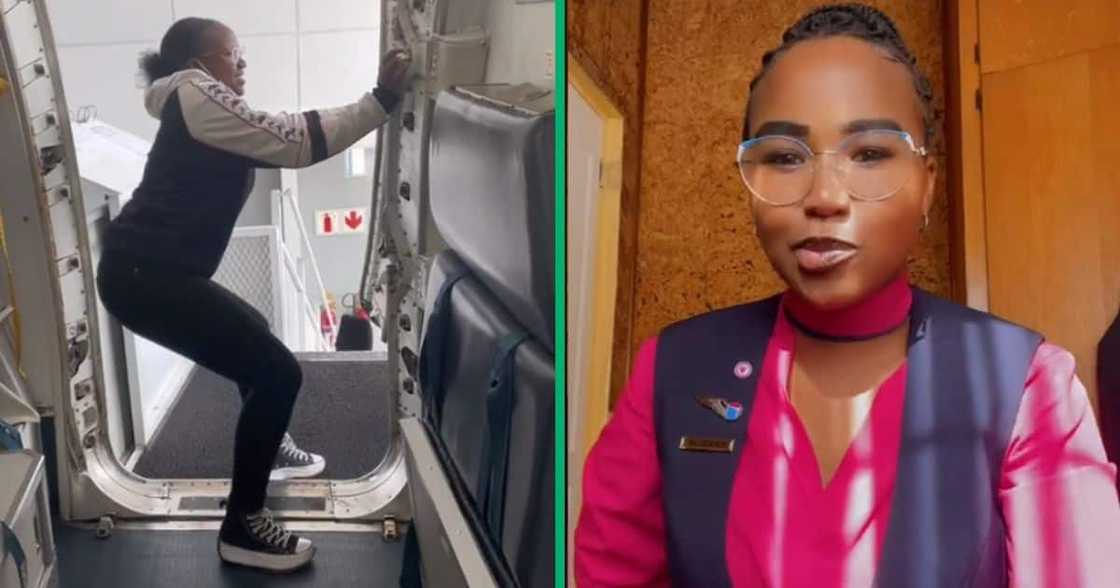 Flight attendant closes plane door Flight attendant closes plane door