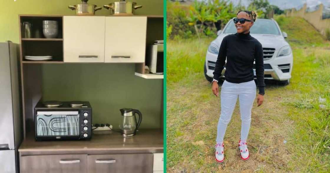 A woman showed off her chic one-room living space. A woman showed off her chic one-room living space.