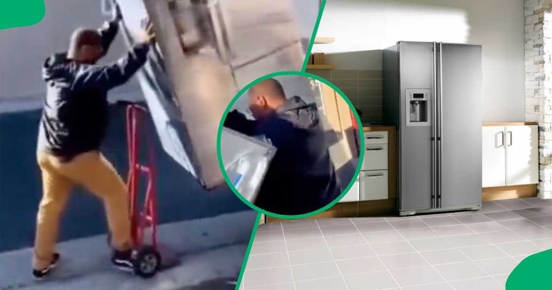A strong Mzansi man impresses netizens with his work ethic and experience as he lifts a huge fridge for delivery A strong Mzansi man impresses netizens with his work ethic and experience as he lifts a huge fridge for delivery