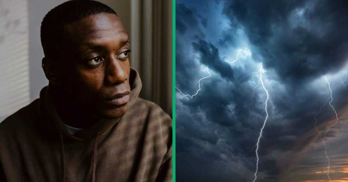 Stock images a gloomy man and predicted rain and thunderstorms Stock images a gloomy man and predicted rain and thunderstorms