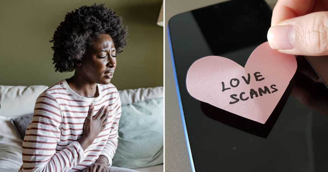 Love scam awareness concept showing a person communicating with scammer via mobile phone Love scam awareness concept showing a person communicating with scammer via mobile phone