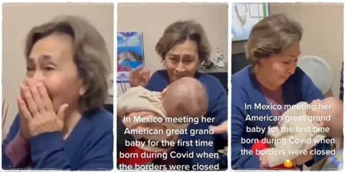 A woman was seen behaving so excited after seeing her great-grandchild for the first time after Covid-19 restrictions A woman was seen behaving so excited after seeing her great-grandchild for the first time after Covid-19 restrictions