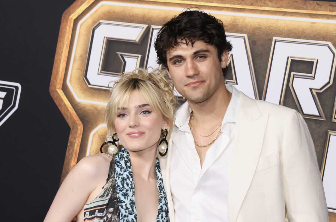 Meg Donnelly and Drake Rodger at the Guardians of the Galaxy premiere