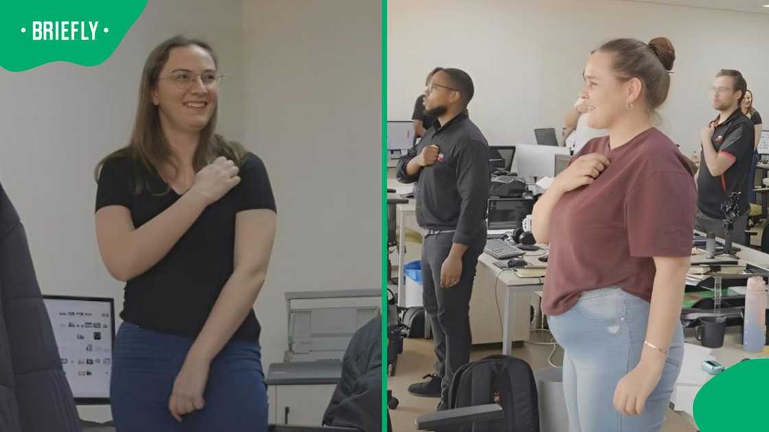 Colleagues pranked a newbie into singing the national anthem at work.