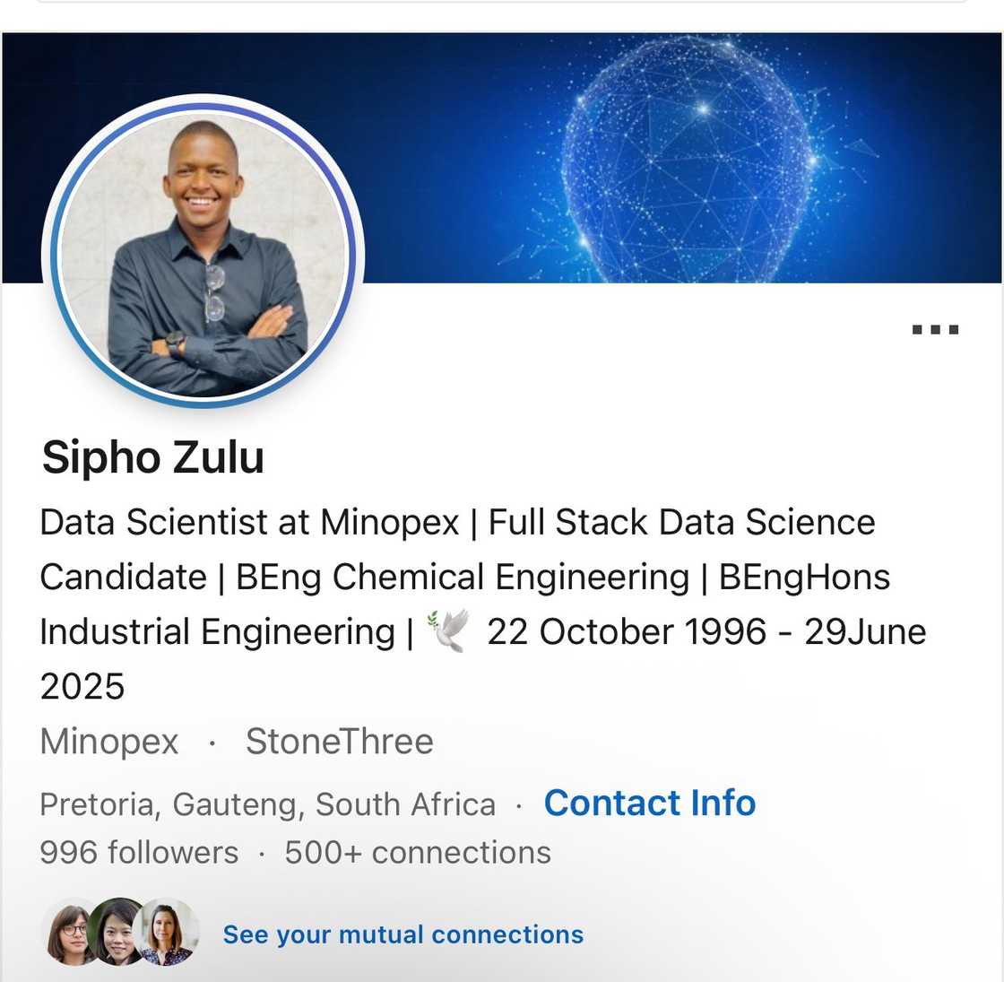 A screenshot of the late Sipho Zulu's LinkedIn account.