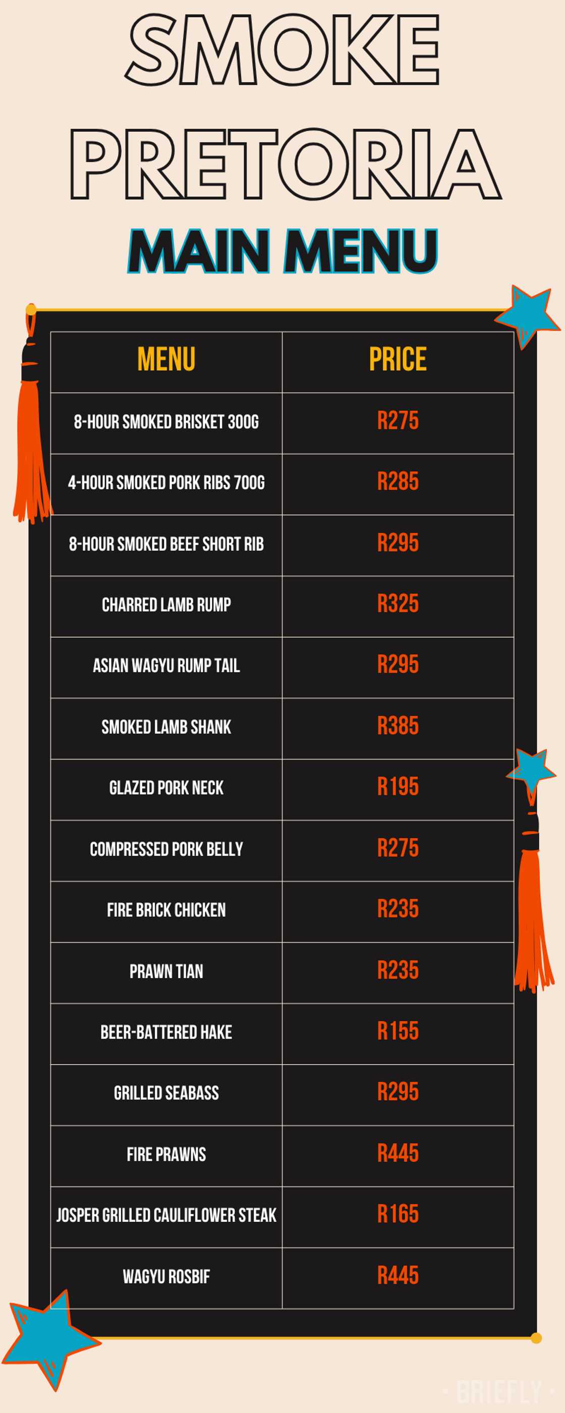 Smoke Pretoria menu and prices
