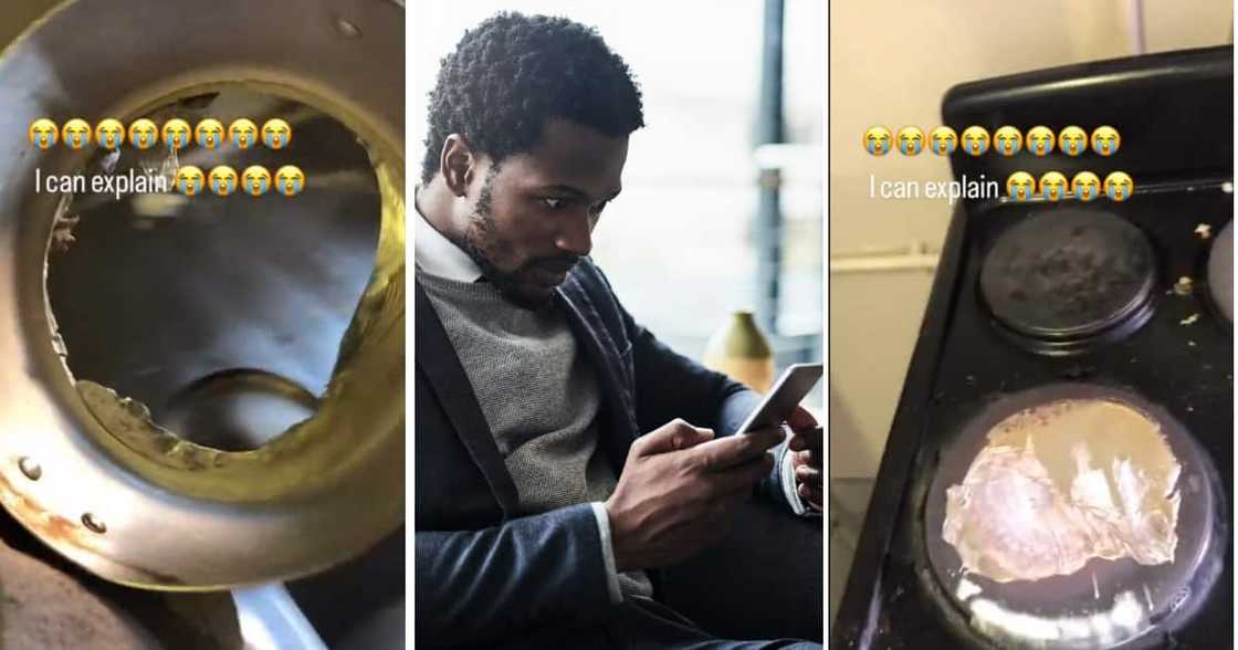 An inexperienced gent burned an entire pot while trying to cook at res. An inexperienced gent burned an entire pot while trying to cook at res.