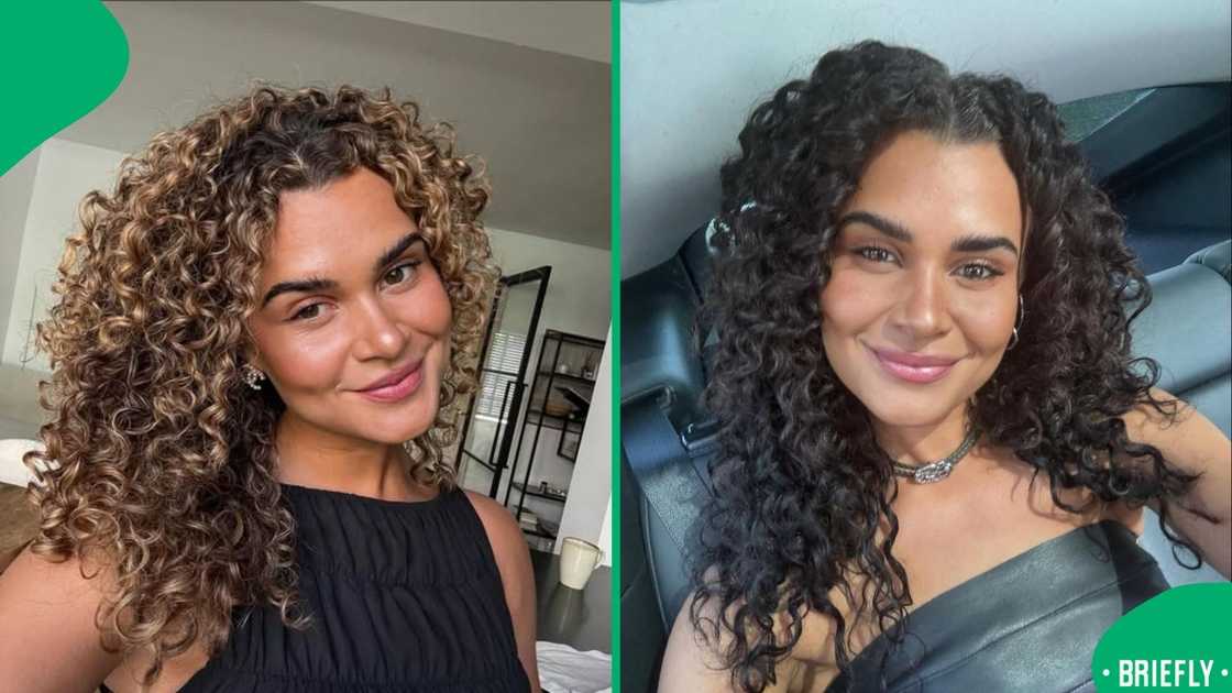 Rachel, on the left, was smiling softly while posing indoors, her hair styled in tight, highlighted curls