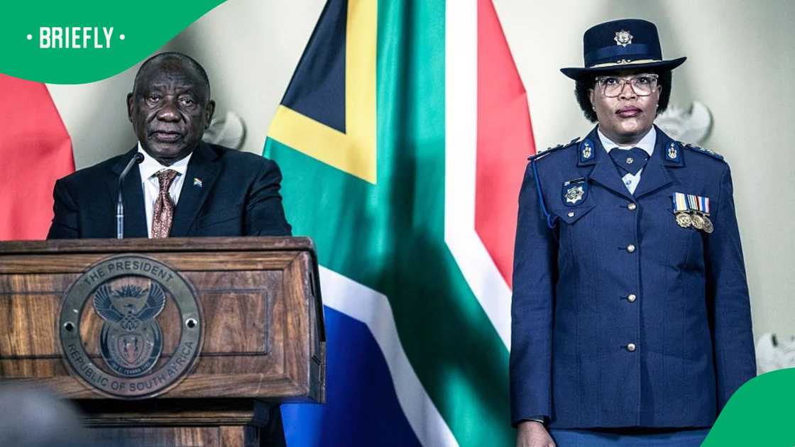 South African President Cyril Ramaphosa (c) speaks to the media on April 23, 2026 at Union Buildings in Pretoria, South Africa