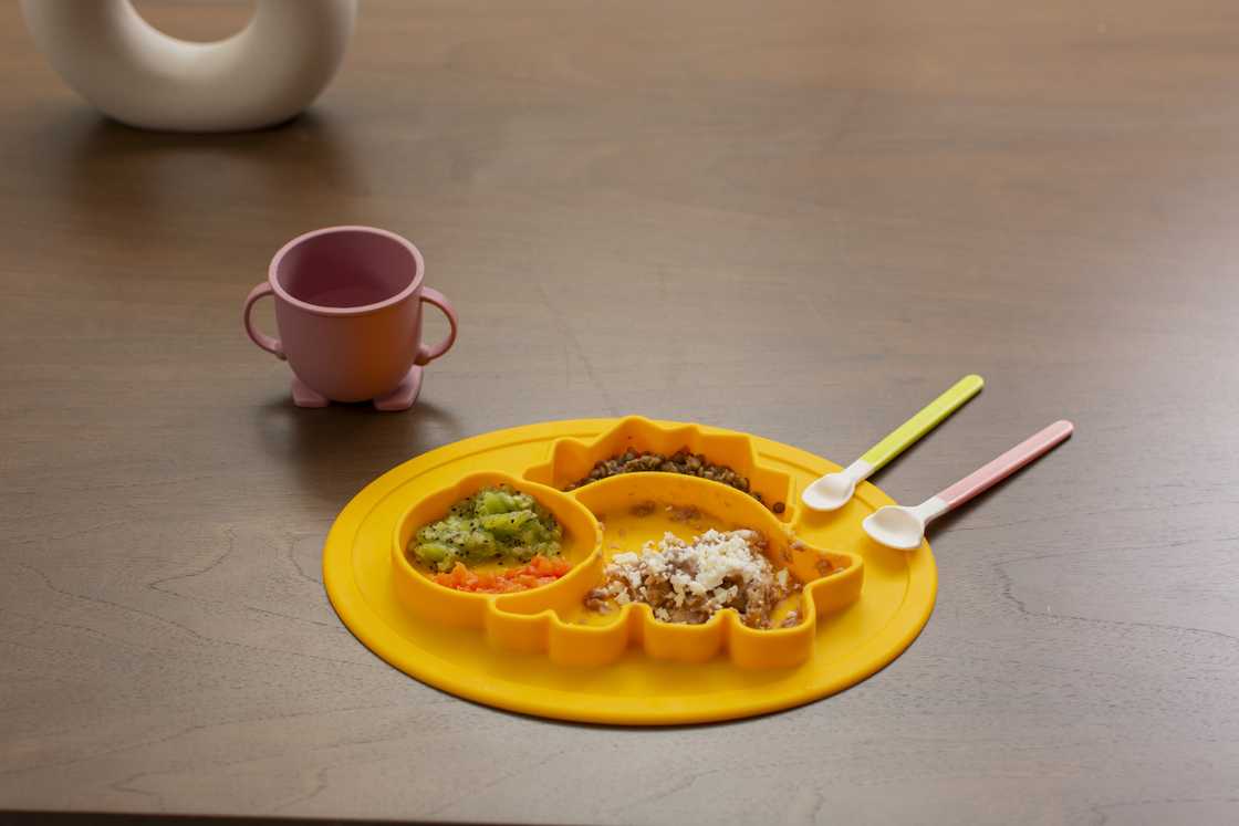 Baby's food in a plate and a cup besides it Baby's food in a plate and a cup besides it