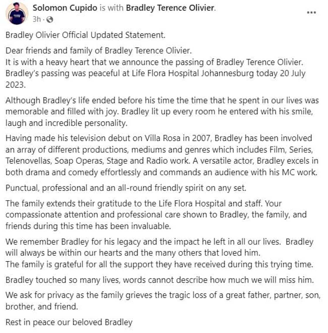 Family of 'Binnelander' star Bradley Olivier write official media statemnt to announce his passing.