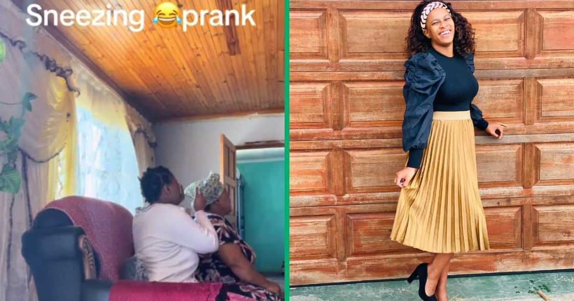 A young woman played a sneezing prank on her mom, who responded calmly. A young woman played a sneezing prank on her mom, who responded calmly.
