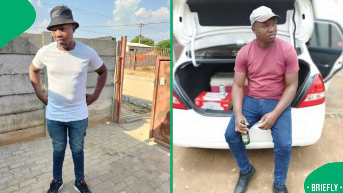 The picture on the right showed a man sitting on a car boot