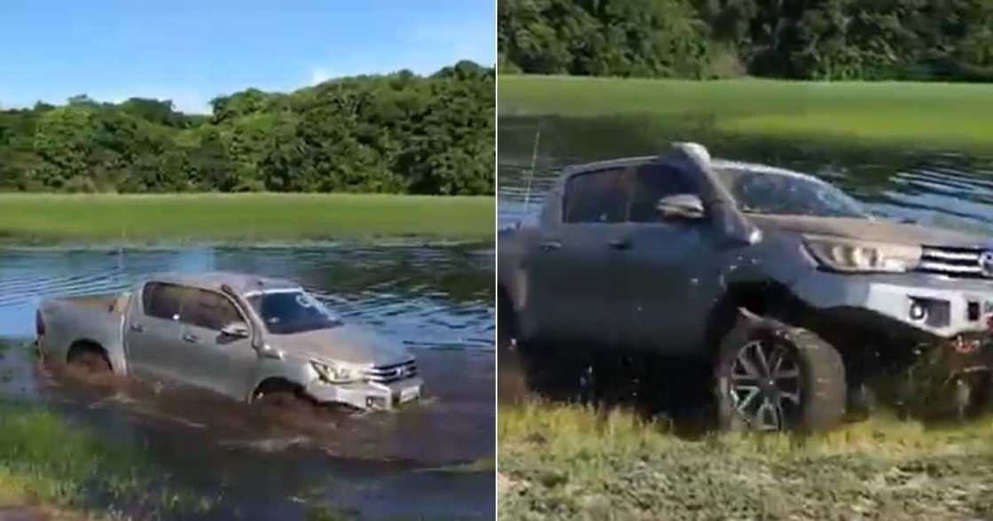 bakkie, water, river, grass, windows, wheels, petrol, struggle, license, plate