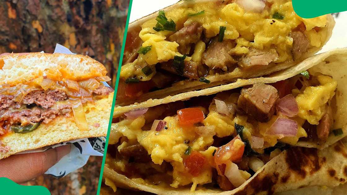 Double Cheese Please (L). Burrito with scrambled eggs (R) Double Cheese Please (L). Burrito with scrambled eggs (R)