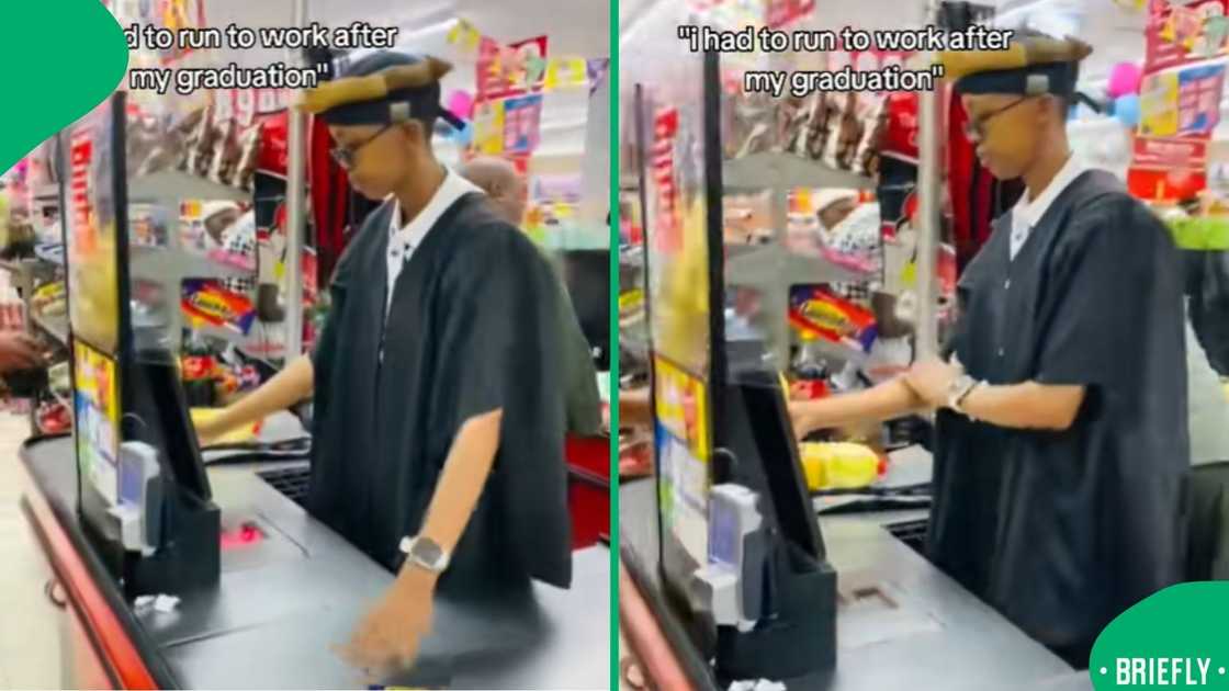 A supportive community online praised a woman's determination and humble spirit after going back to work as a cashier in regalia A supportive community online praised a woman's determination and humble spirit after going back to work as a cashier in regalia