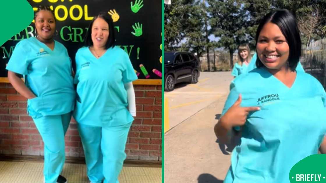 A screenshot from the TikTok video showing a group of educators dressed in matching scrubs
