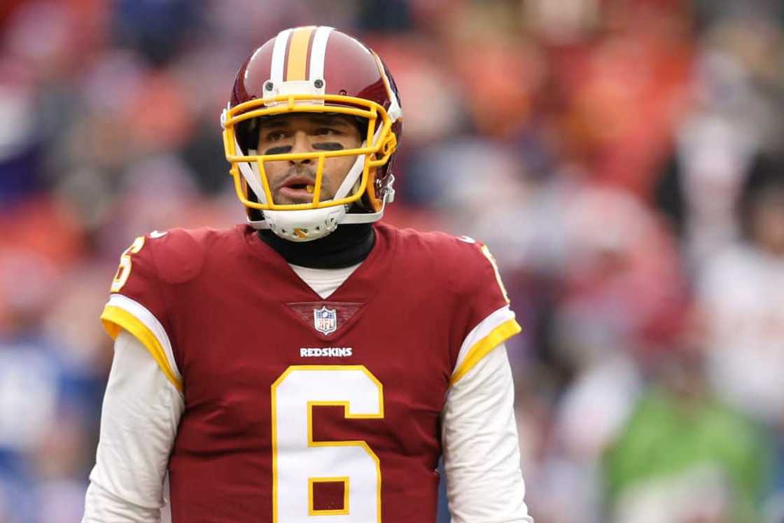 Quarterback Mark Sanchez of the Washington Redskins during their match against the New York Giants at FedExField on 9 December 2018. Quarterback Mark Sanchez of the Washington Redskins during their match against the New York Giants at FedExField on 9 December 2018.