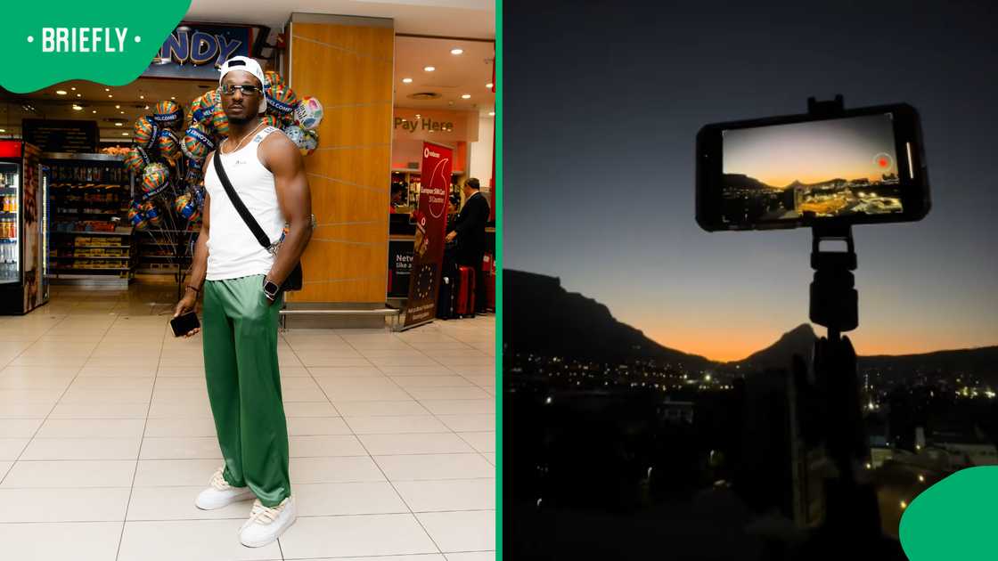 A split image showing a person standing in a shopping mall holding a phone on the left, and a smartphone mounted on a tripod capturing a sunset cityscape on the right. A split image showing a person standing in a shopping mall holding a phone on the left, and a smartphone mounted on a tripod capturing a sunset cityscape on the right.