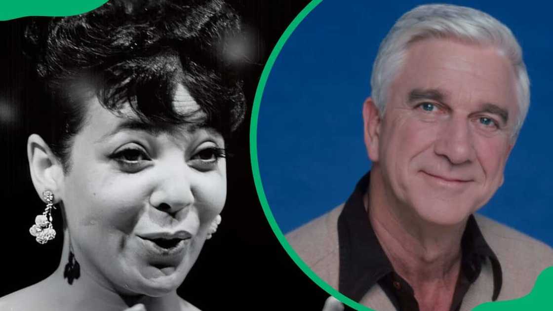 Monica Boyar performing at an event (L). Leslie Nielsen promotional photo for the 1982 ABC-TV series Police Squad (R) Monica Boyar performing at an event (L). Leslie Nielsen promotional photo for the 1982 ABC-TV series Police Squad (R)