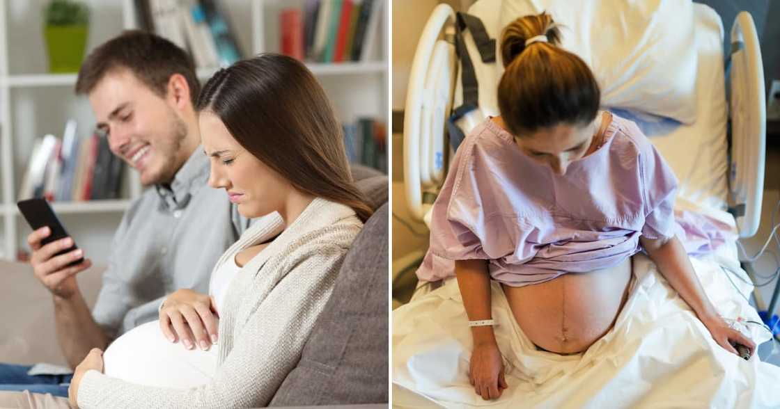 Pregnant woman in labour pain while hubby on phone