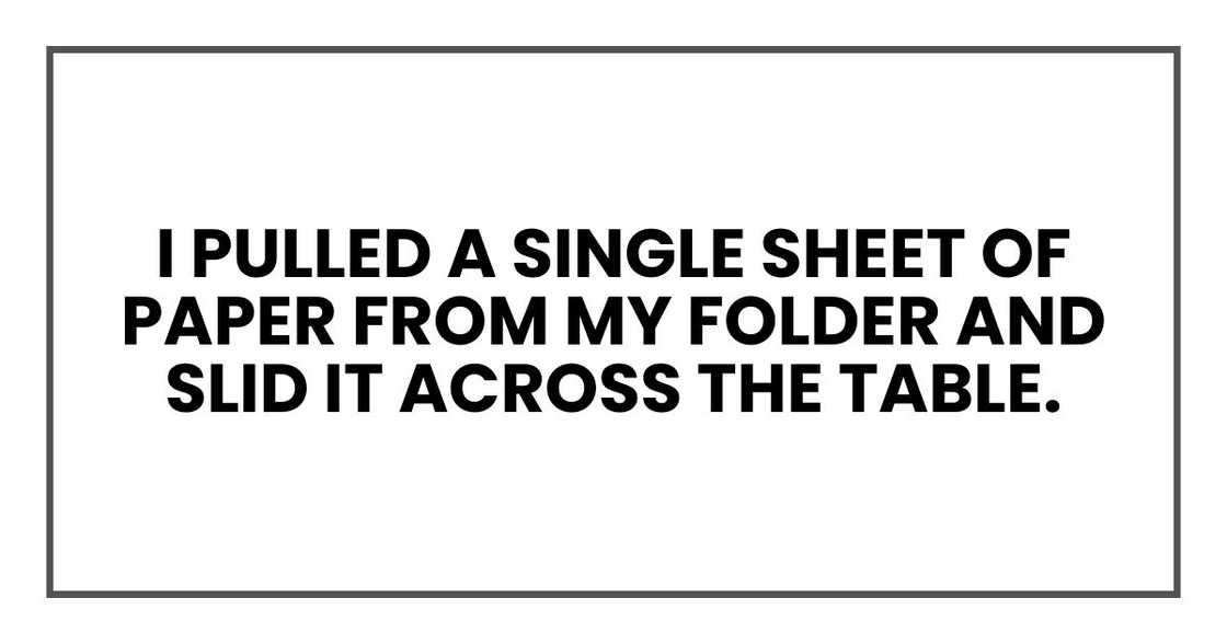 I pulled a single sheet of paper from my folder and slid it across the table. I pulled a single sheet of paper from my folder and slid it across the table.
