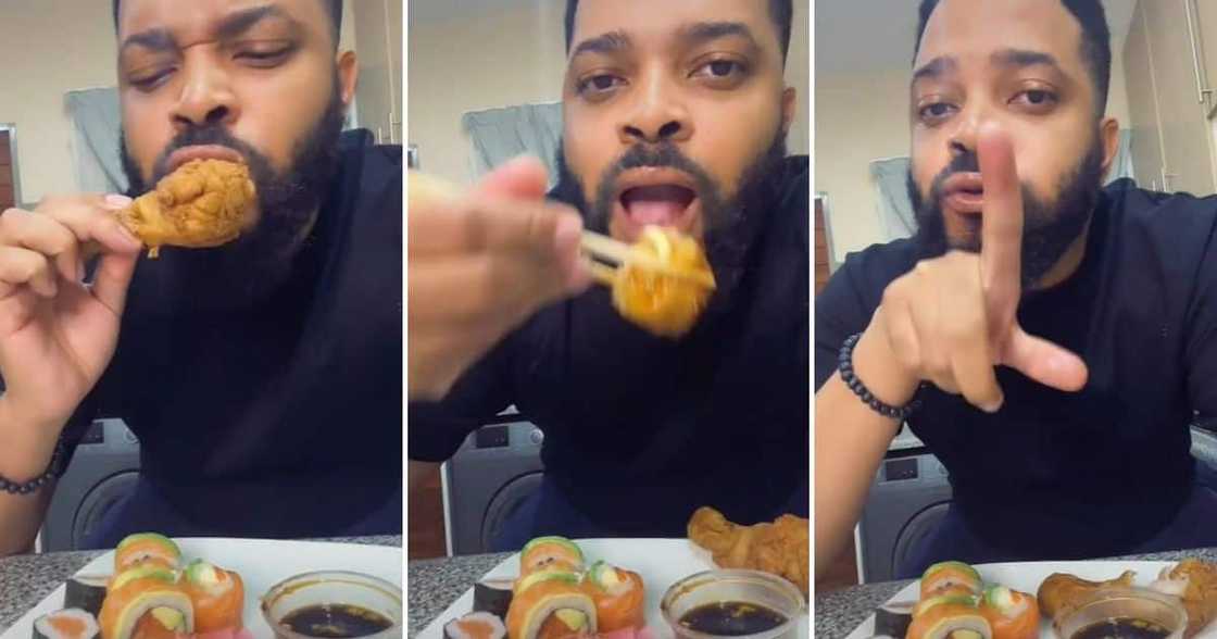 Social media influencer eats sushi with KFC. Social media influencer eats sushi with KFC.