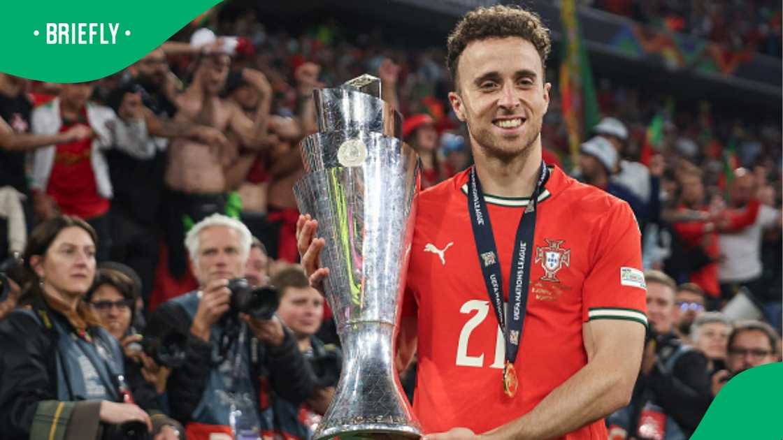 Diogo Jota with the UEFA Nations League trophy. Diogo Jota with the UEFA Nations League trophy.