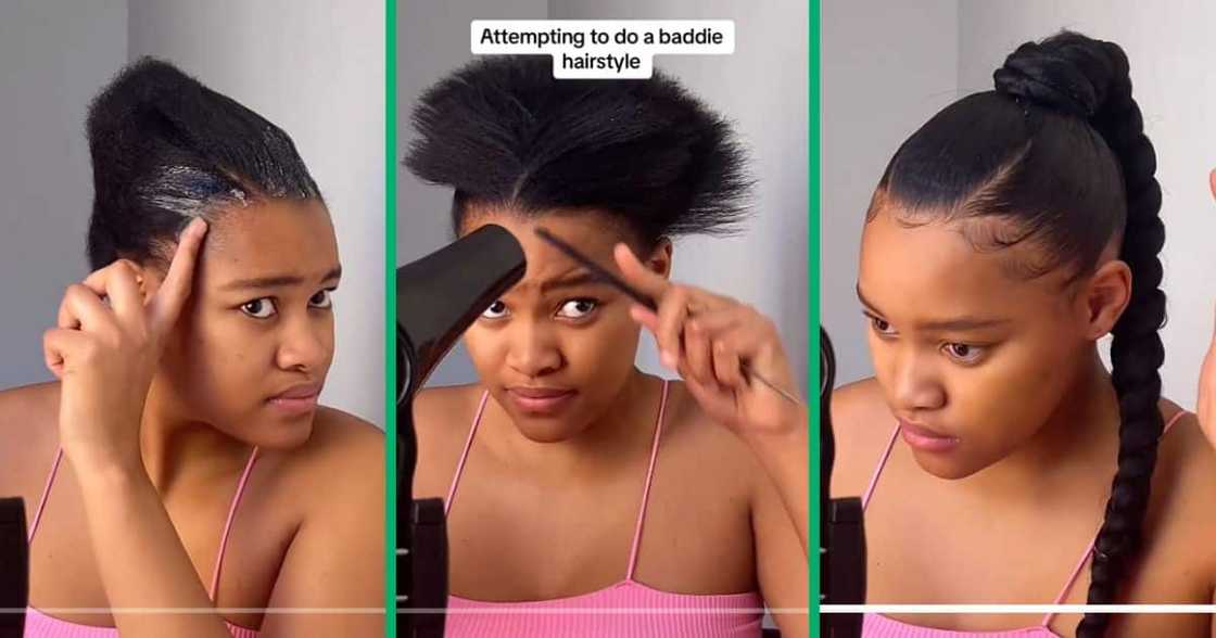Woman styles hair into sleek pony Woman styles hair into sleek pony