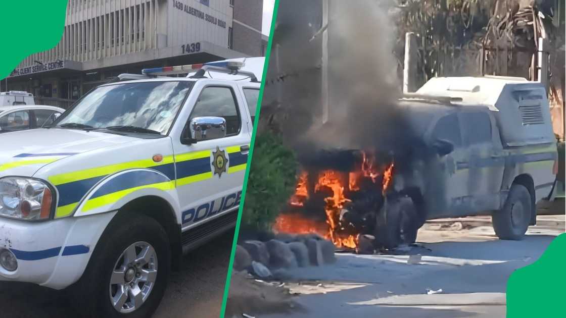Video shows police car burning as Mpumalanga police arrest alleged arsonist outside station Video shows police car burning as Mpumalanga police arrest alleged arsonist outside station