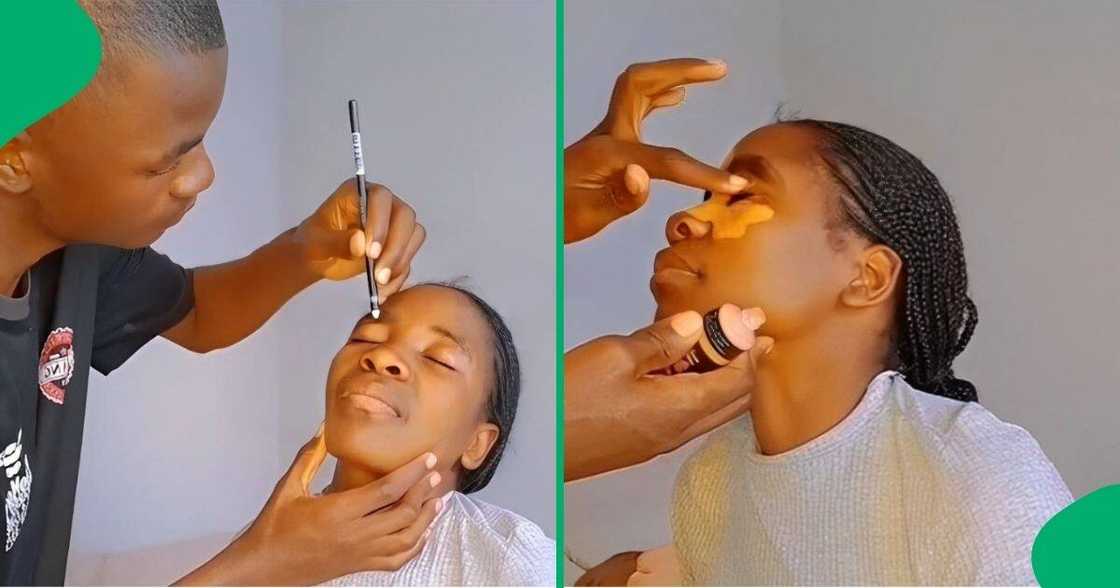 Husband does wife's makeup. Husband does wife's makeup.