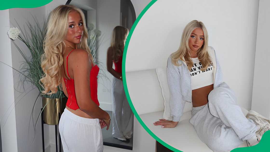 Ami Charlize posing in front of a mirror (L). Ami Charlize sitting on a white coach (R) Ami Charlize posing in front of a mirror (L). Ami Charlize sitting on a white coach (R)