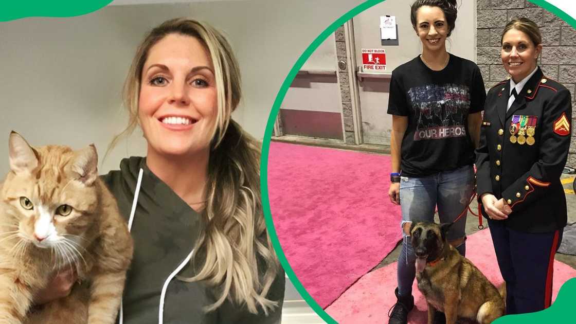 Megan Leavey holding a cat (L). The former Marine posing for the camera alongside a fan (R)