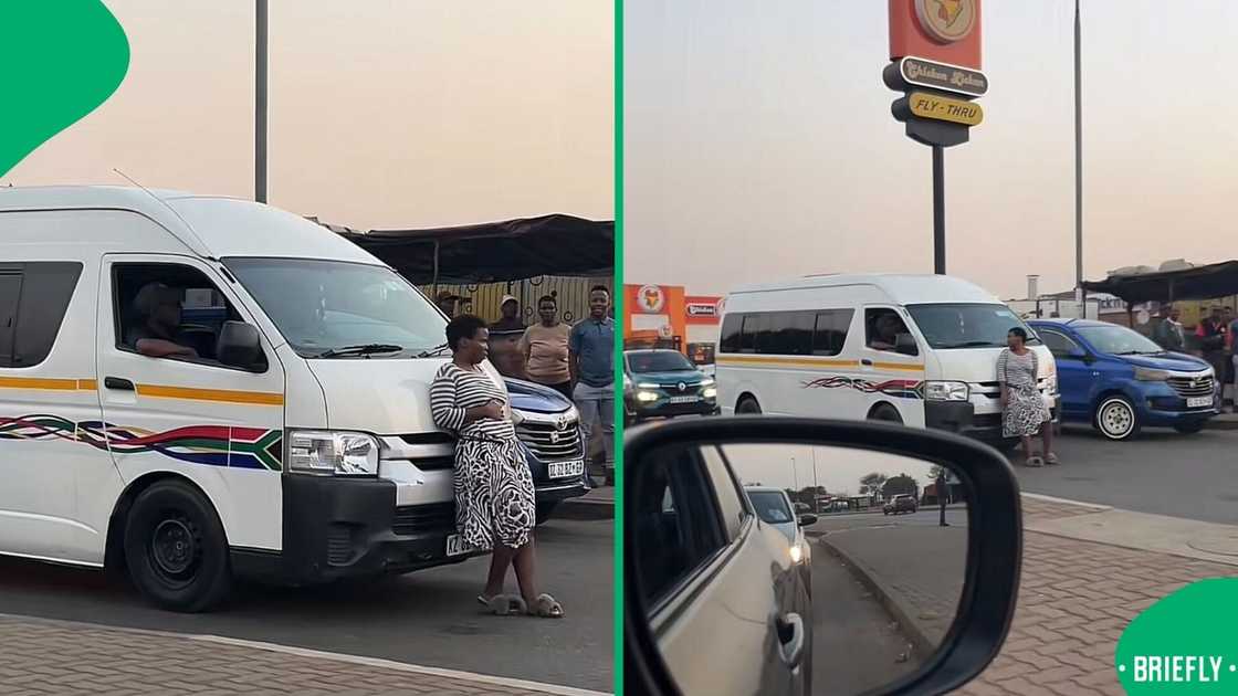 South Africans were entertained by a woman who stood in front of a moving taxi in a video.