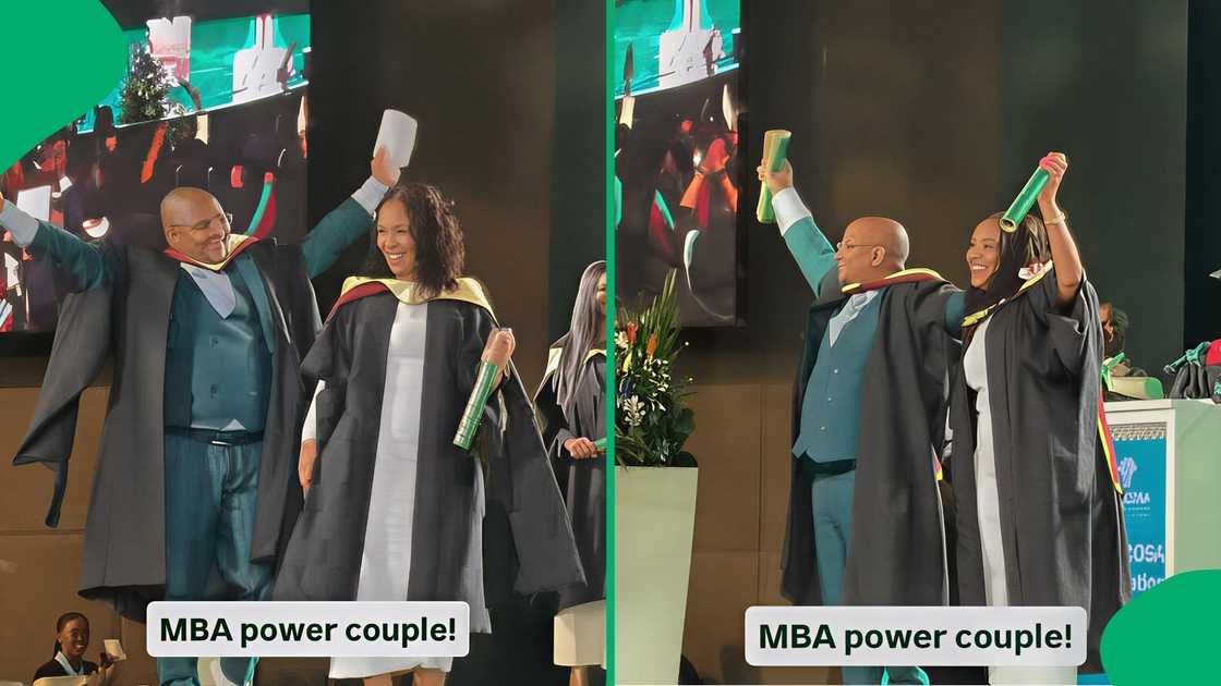The couple stood proudly on the stage after being conferred with their Master's of Business Administration degrees The couple stood proudly on the stage after being conferred with their Master's of Business Administration degrees