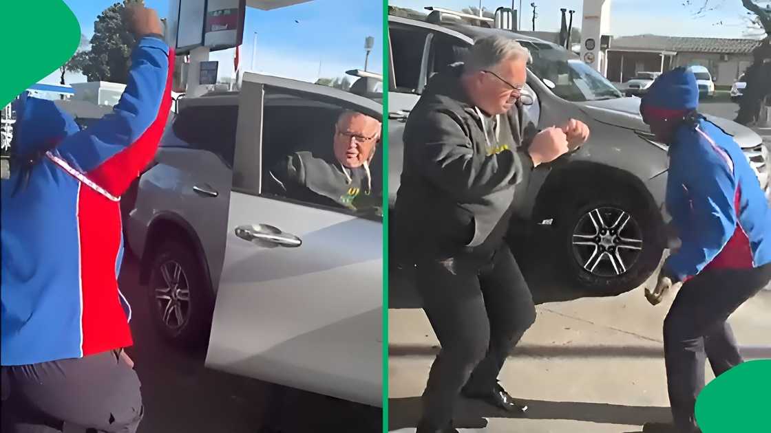 The motorist stepped out of his vehicle to dance alongside an energetic petrol attendant on the forecourt The motorist stepped out of his vehicle to dance alongside an energetic petrol attendant on the forecourt