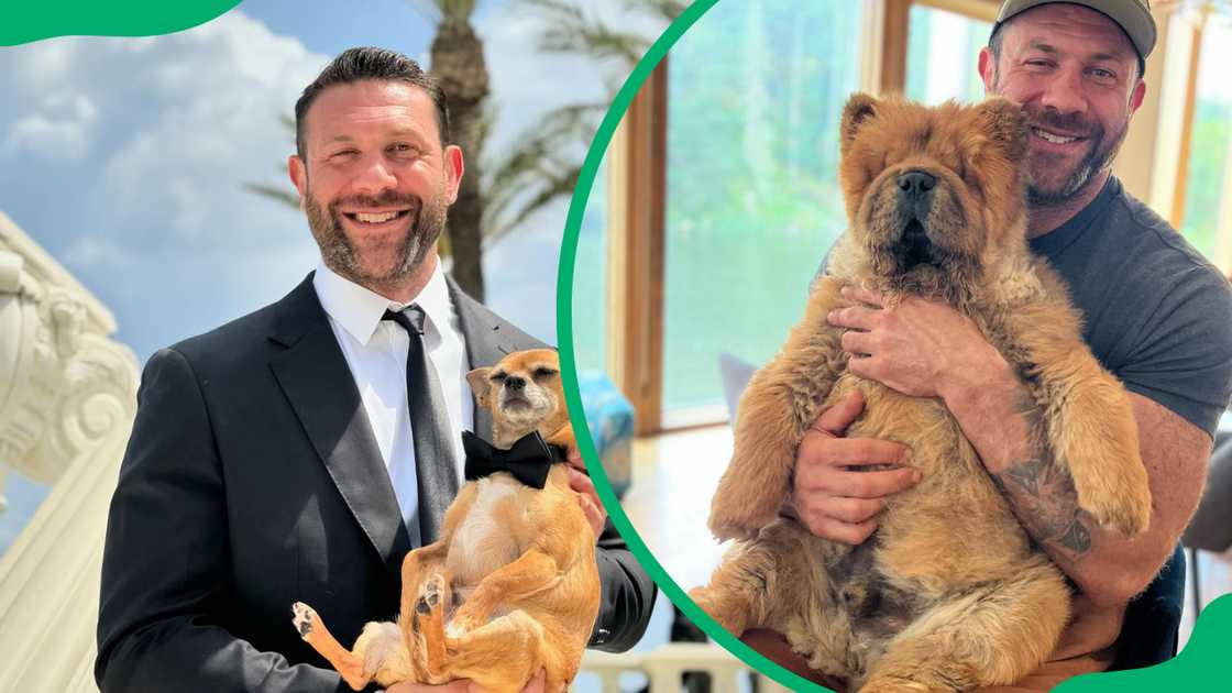 Lee Asher is pictured holding a dog in a suit and in a tee