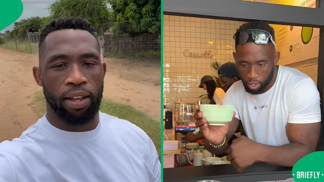 Siya Kolisi served matcha to customers.