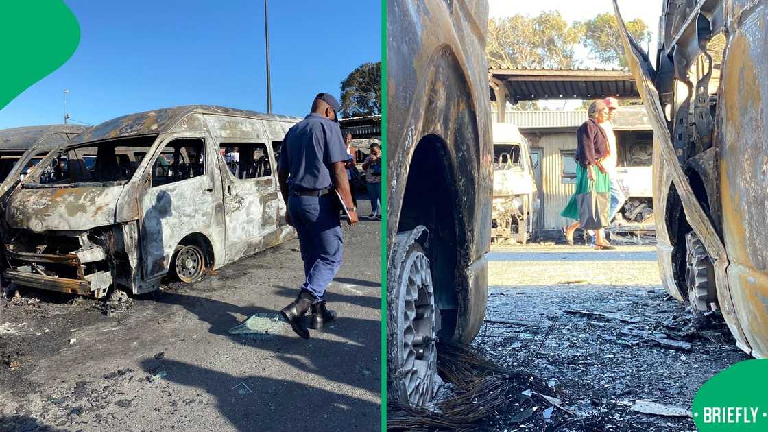 The remains of the taxis that were set alight at the Nyanga Taxi Rank