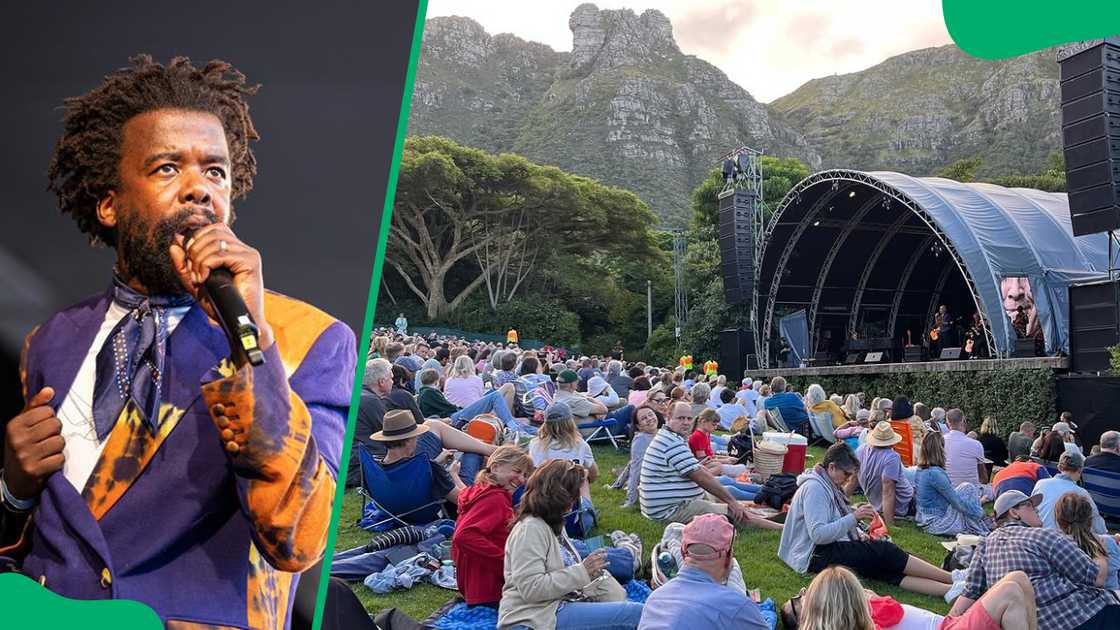 Mandisi Dyantyis at the 2024/2025 Kirstenbosch Concerts (L). Kirstenbosch garden (R)