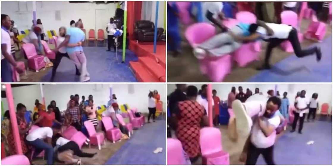 Reactions as pastor scatters church during deliverance, lifts and throws man into the congregation in viral video Reactions as pastor scatters church during deliverance, lifts and throws man into the congregation in viral video