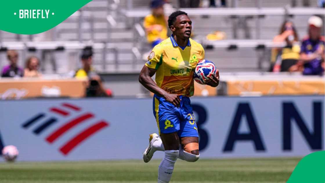 Lebo Mothiba celebrates after scoring Mamelodi Sundowns' third goal against Borussia Dortmund.