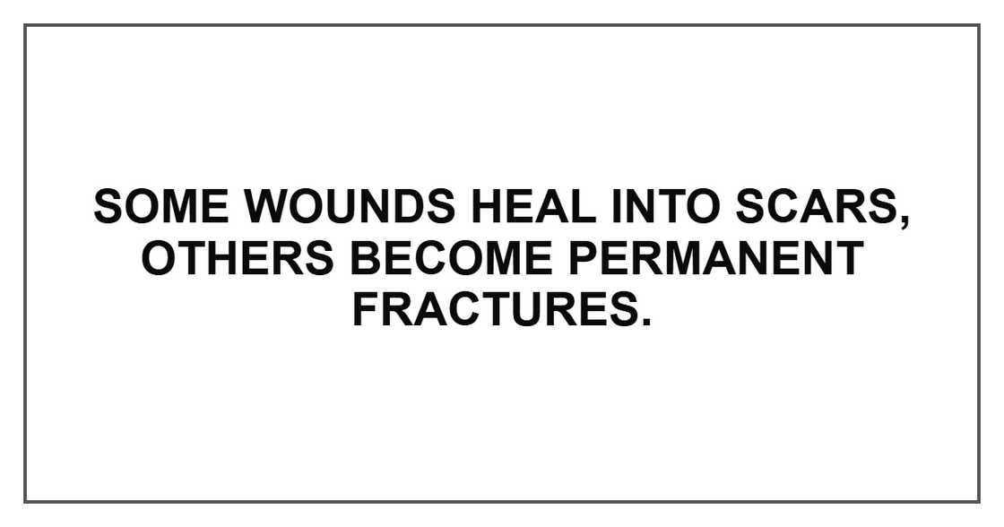 Some wounds heal into scars, others become permanent fractures. Some wounds heal into scars, others become permanent fractures.