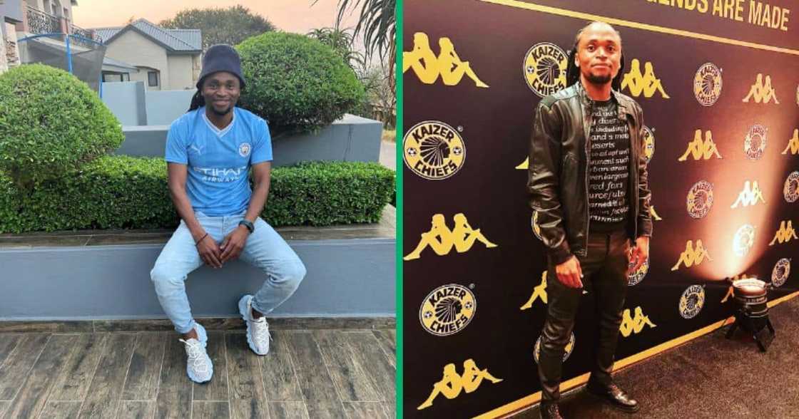 Siphiwe Tshabalala in a Man City jersey and at a Kaizer Chiefs event Siphiwe Tshabalala in a Man City jersey and at a Kaizer Chiefs event