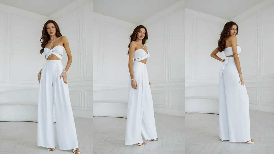 Two-piece wrap top with wide-legged high-rise pants Two-piece wrap top with wide-legged high-rise pants
