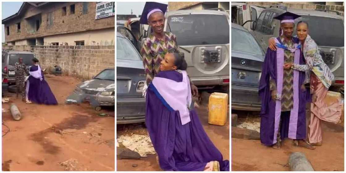 Video shows sweet moment lady ran to dad's mechanic workshop, dresses him in her graduation clothes Video shows sweet moment lady ran to dad's mechanic workshop, dresses him in her graduation clothes