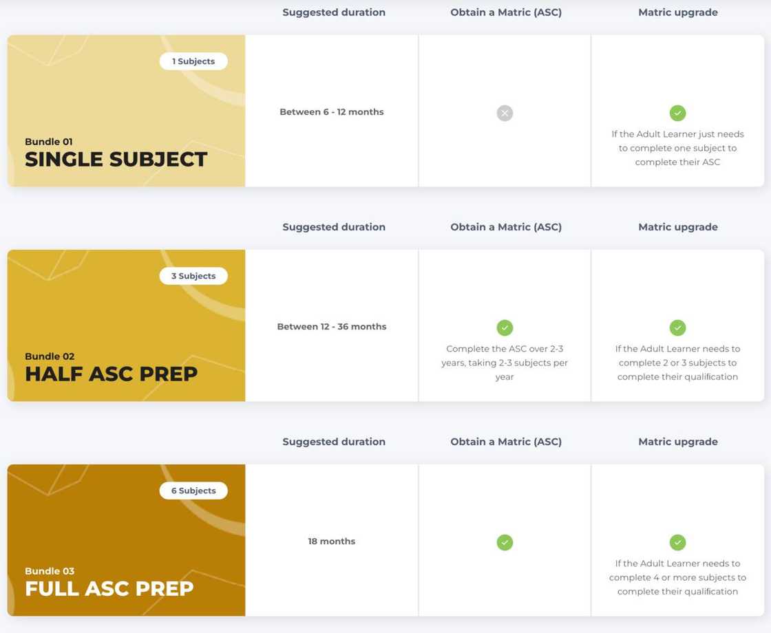 There are a number of subscription bundles available at UCT's Online High School for the Adult Matric Preparation programme.