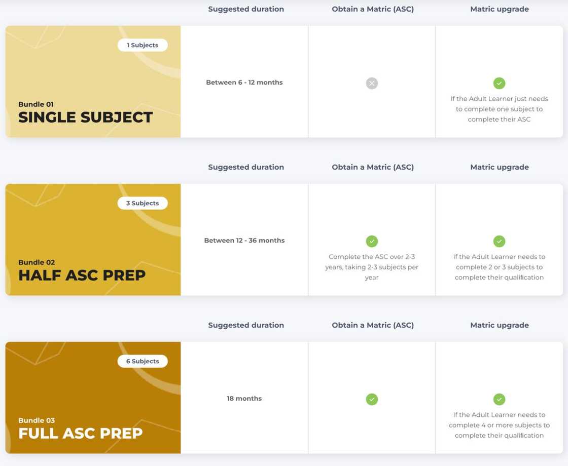 There are a number of subscription bundles available at UCT's Online High School for the Adult Matric Preparation programme. There are a number of subscription bundles available at UCT's Online High School for the Adult Matric Preparation programme.