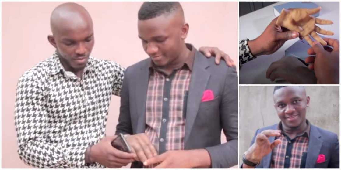 Nigerians react as man creates artificial hand for his brother who lost two fingers, speaks in new video